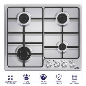 سطح بلت ان غاز أرو مقاس 60 سم, عدد 4 عين, أمان كامل , تركي, فضي - RO-60BHGK